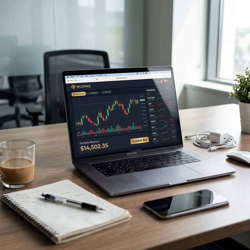 Wuzmiq dashboard on a laptop showing a candlestick chart, portfolio balance, an AI buy signal and an asset watchlist