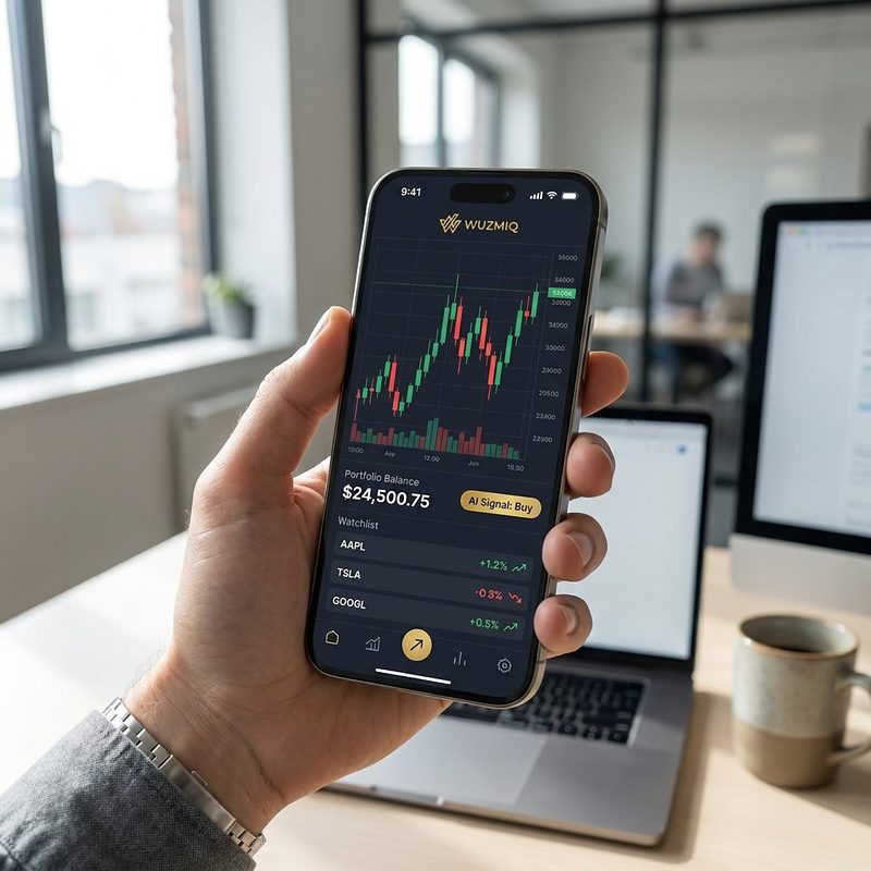 A hand holding a smartphone running the Wuzmiq app, showing a candlestick chart, portfolio balance, an AI buy signal and a watchlist