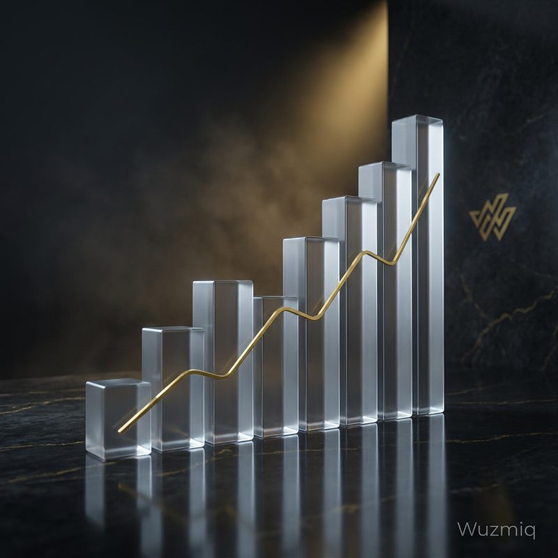 Rising glass bars crossed by an ascending gold line on a dark marble background bearing the Wuzmiq emblem