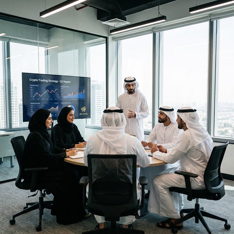 فريق Wuzmiq من رجال بالثوب والغترة ونساء بالعباءة حول طاولة اجتماعات في قاعة زجاجية بمبنى شاهق، وعلى الشاشة تقرير استراتيجية تداول العملات الرقمية للربع الثالث
